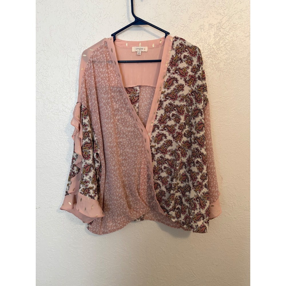 Umgee Pink Mixed Print Paisley Ruffle Sleeve Surplice Blouse 1XL Boho Country